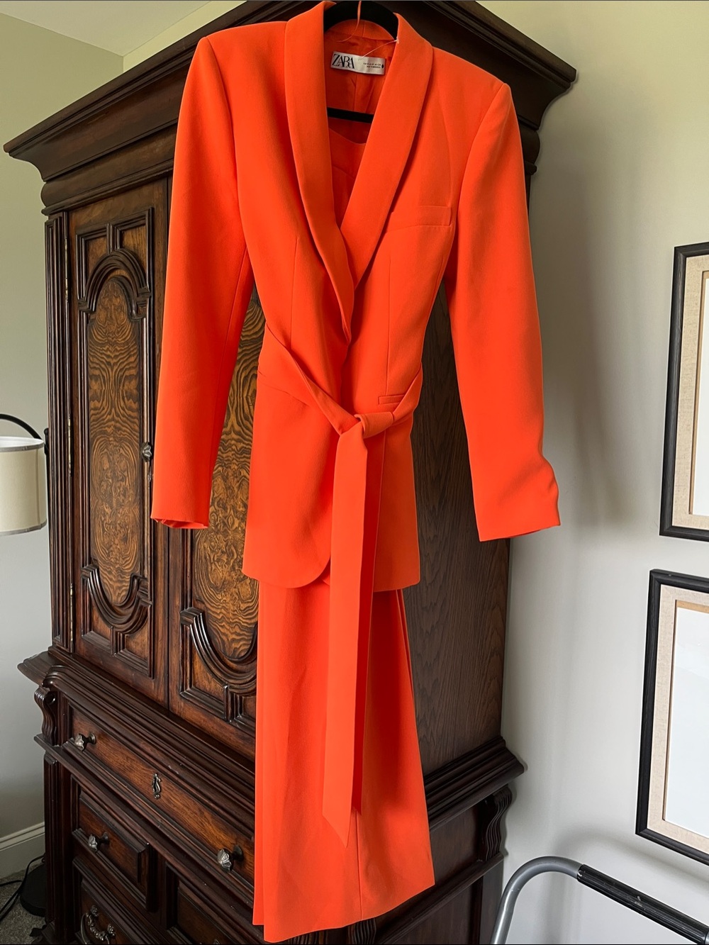Zara Vibrant Orange Belted Blazer with Matching Free Slacks